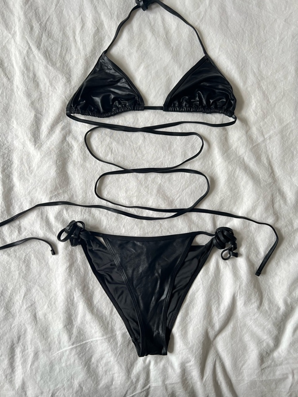 Garage Black Metallic String Triangle Wrap Bikini Set🖤